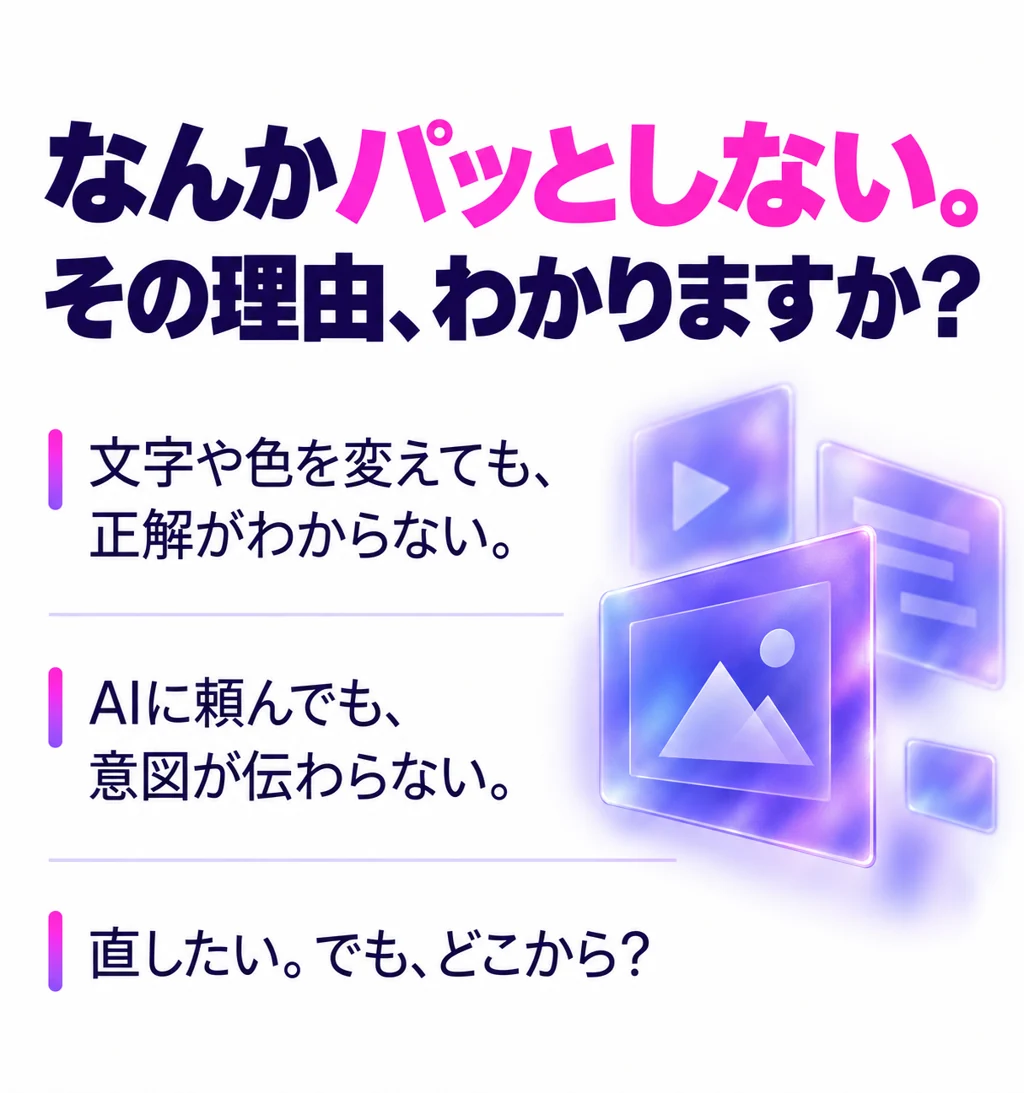 なんかパッとしない。その理由、わかりますか? 文字や色を変えても、正解がわからない。AIに頼んでも、意図が伝わらない。直したい。でも、どこから?