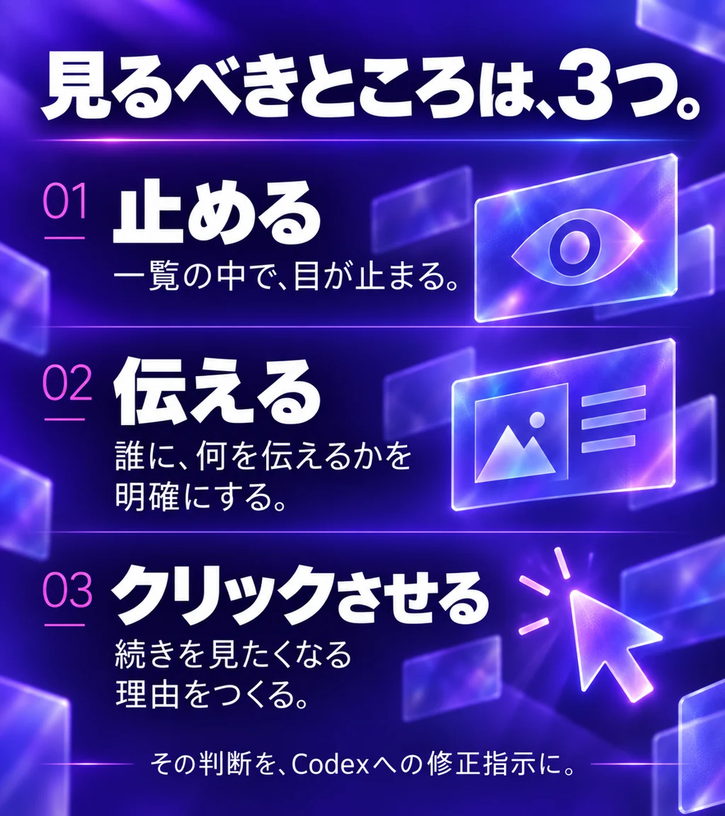 見るべきところは、3つ。 止める — 一覧の中で、目が止まる。伝える — 誰に、何を伝えるかを明確に。クリックさせる — 続きを見たくなる理由をつくる。その判断を、Codexへの修正指示に。
